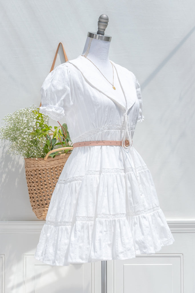 aesthetic clothes and cute dresses - amantine - a little white dress with short sleeves and sailor collar made of cotton and lace embroidery in white. styled with a french tote view