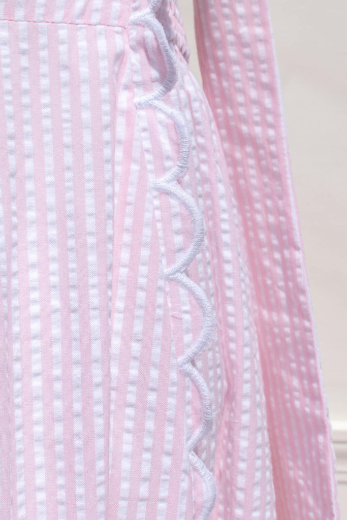 aesthetic clothes and beautiful dresses - amantine - a long, square neckline, pink seersucker long cotton dress for summer - fabric detail view