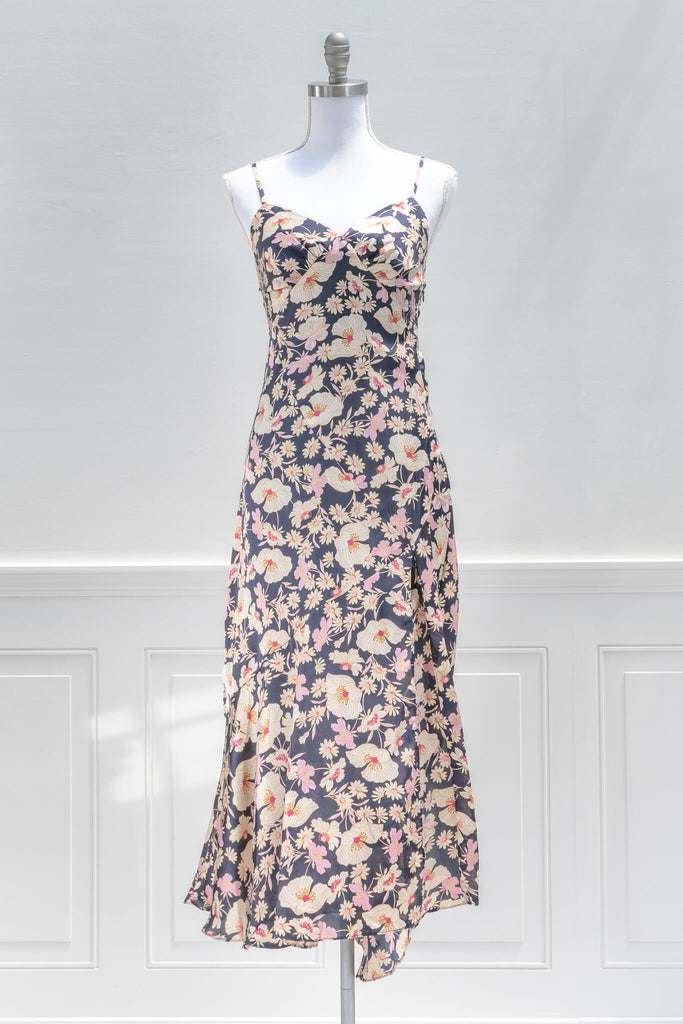cottage core dress french girl style, harlow floral satin dress