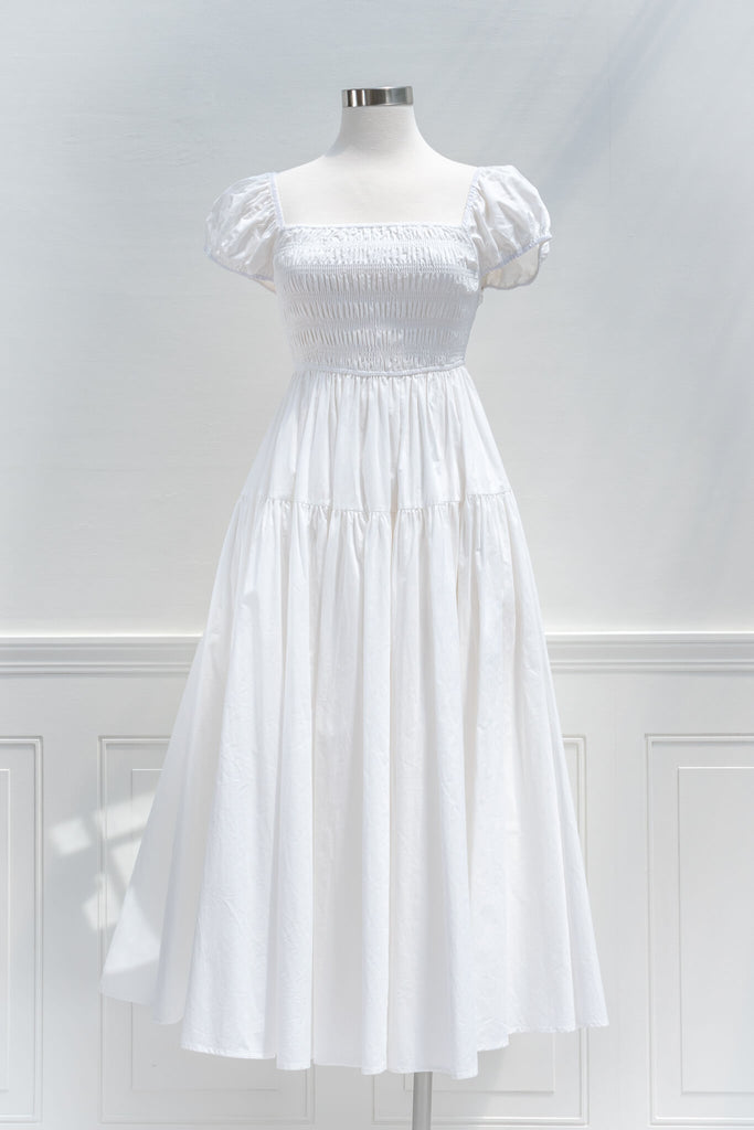 aesthetic clothes and dresses from amantine boutique - a beautiful long white dress with a square neckline and cap sleeves - full skirt - cotton dress - front view 