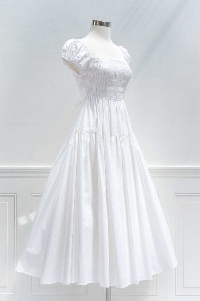 aesthetic clothes and dresses from amantine boutique - a beautiful long white dress with a square neckline and cap sleeves - full skirt - cotton dress - quarter view 