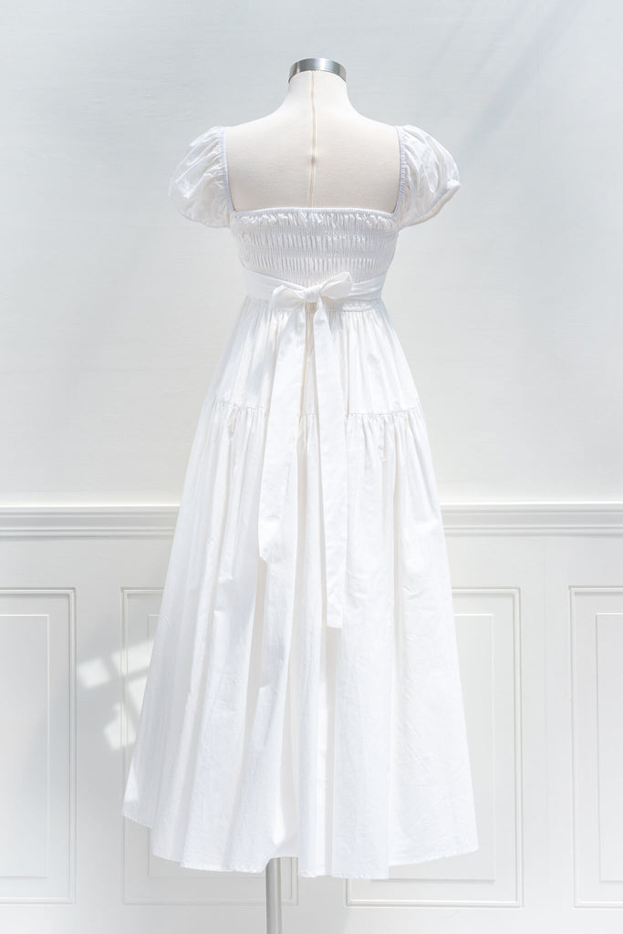 aesthetic clothes and dresses from amantine boutique - a beautiful long white dress with a square neckline and cap sleeves - full skirt - cotton dress - back view 