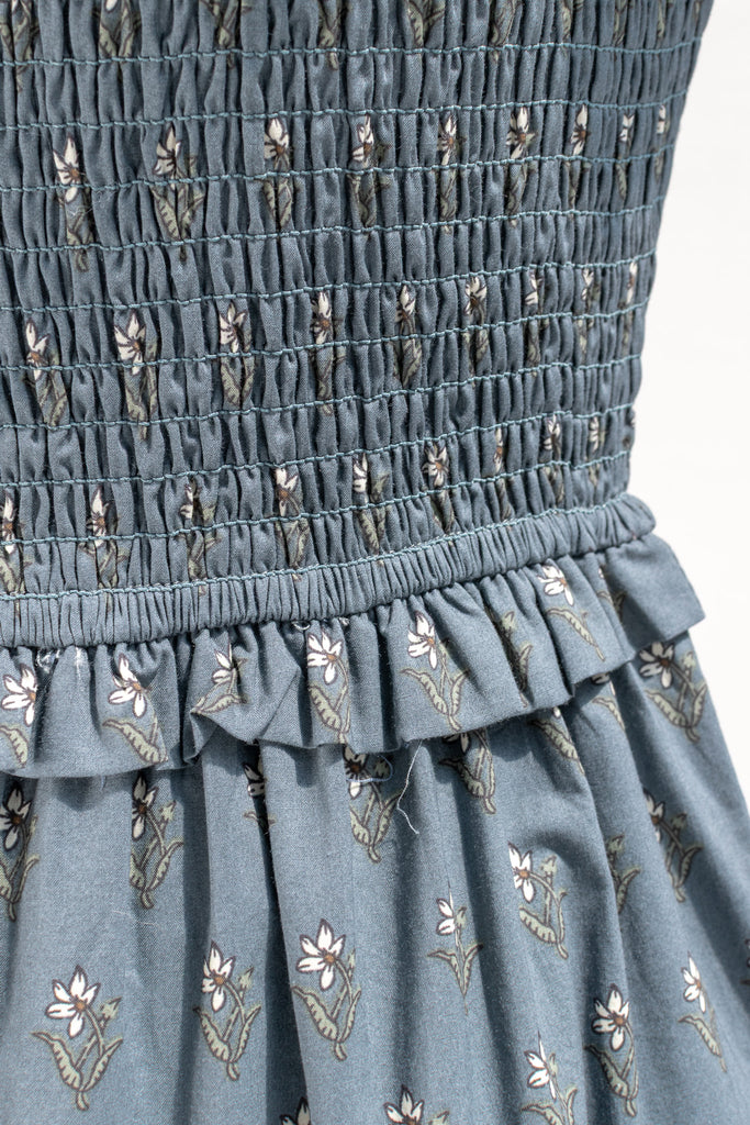 Elastic smocked bodice detail on the Camille floral midi dress