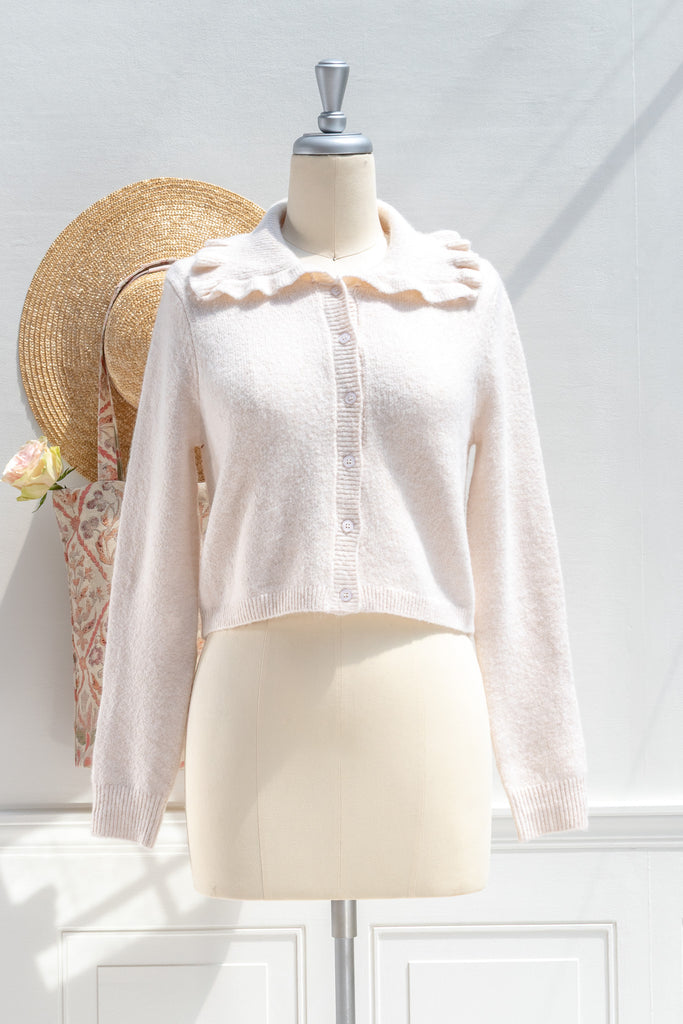 Amantine Camille blush ruffle-collar cropped cardigan, button-front — front view