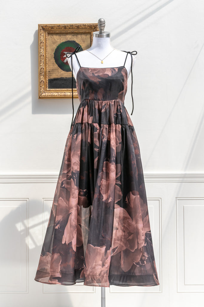 Amantine Delaney floral organza tie-shoulder midi dress with velvet piping and structured skirt — front view