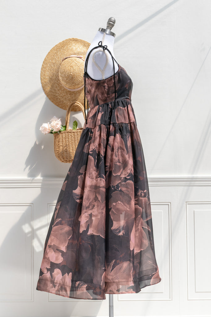 Delaney floral organza dress — side view with sheer overlay and softly structured hem