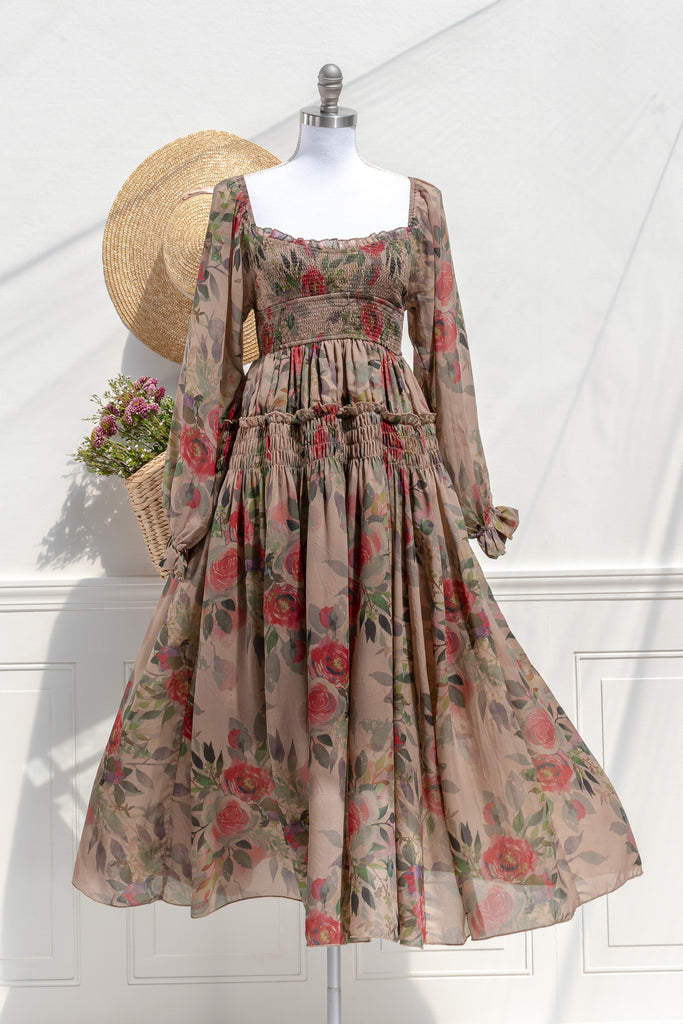 Amantine Hazel rose chiffon smocked midi dress with square neckline and sheer long sleeves — front view