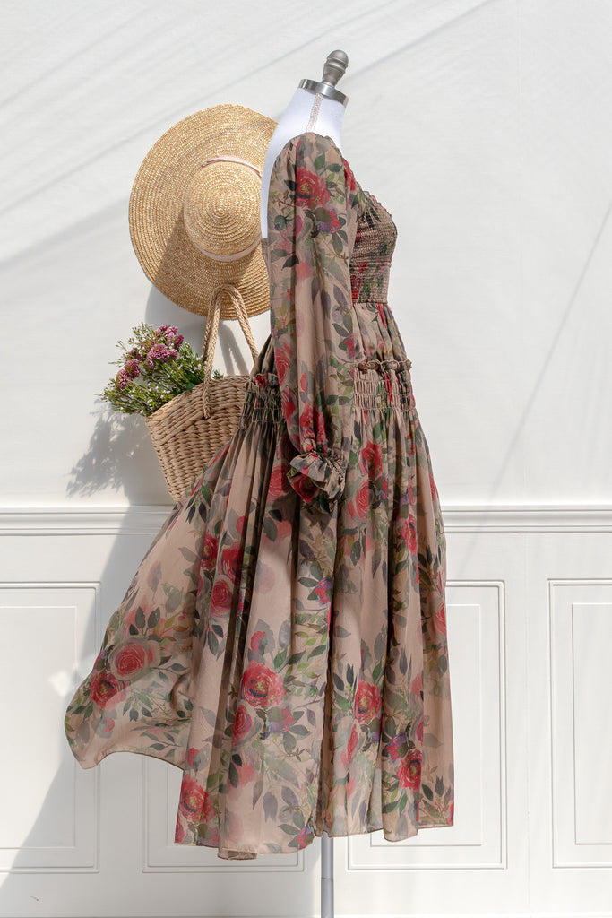 Hazel chiffon midi dress — side view with sheer sleeve and airy A-line skirt