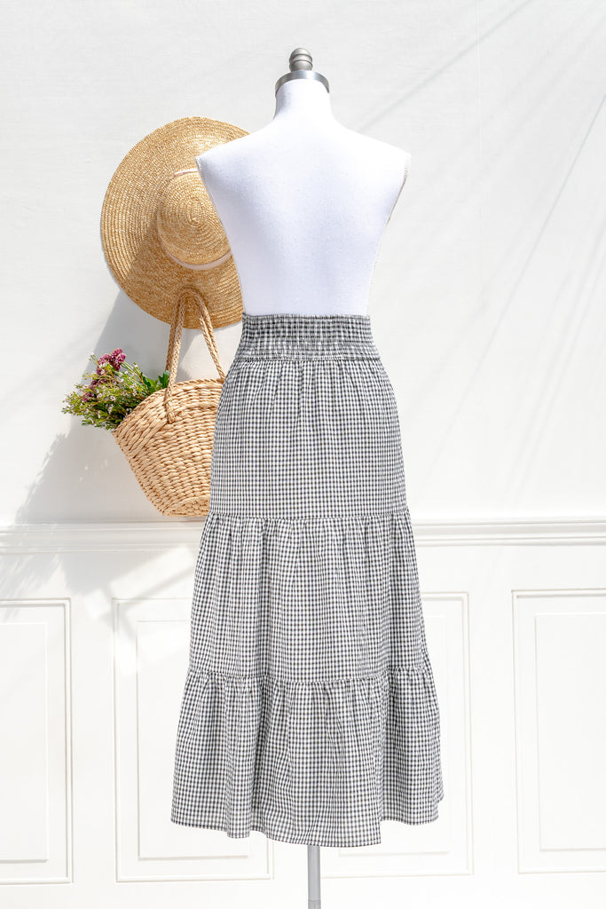 Layla gingham midi skirt — back view with gathered waistband and clean tiers