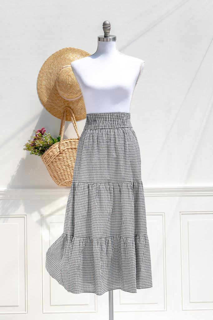 Amantine Layla gingham tiered midi skirt in black and ivory with elastic waistband — front view