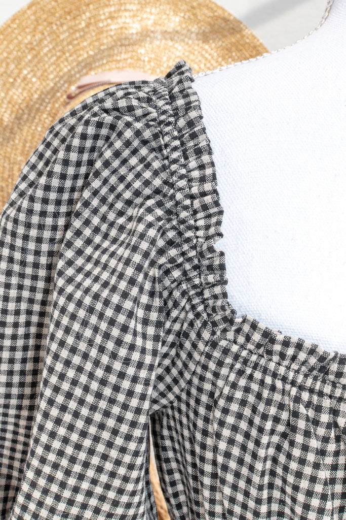 Black-and-ivory gingham weave — Lucie mini dress fabric close-up