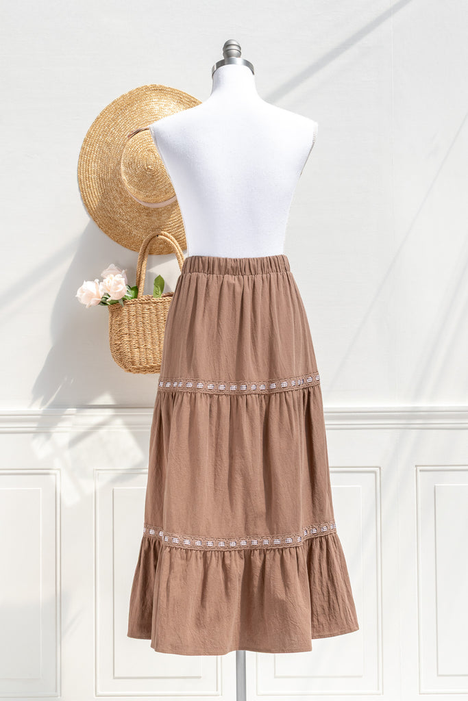 Luisa chestnut midi skirt—back view with tiered hem and ribbon trim