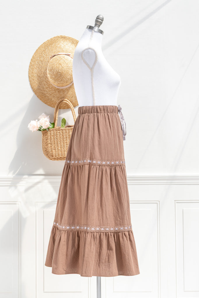 Luisa tiered cotton midi skirt—side view with elastic waistband and soft drape