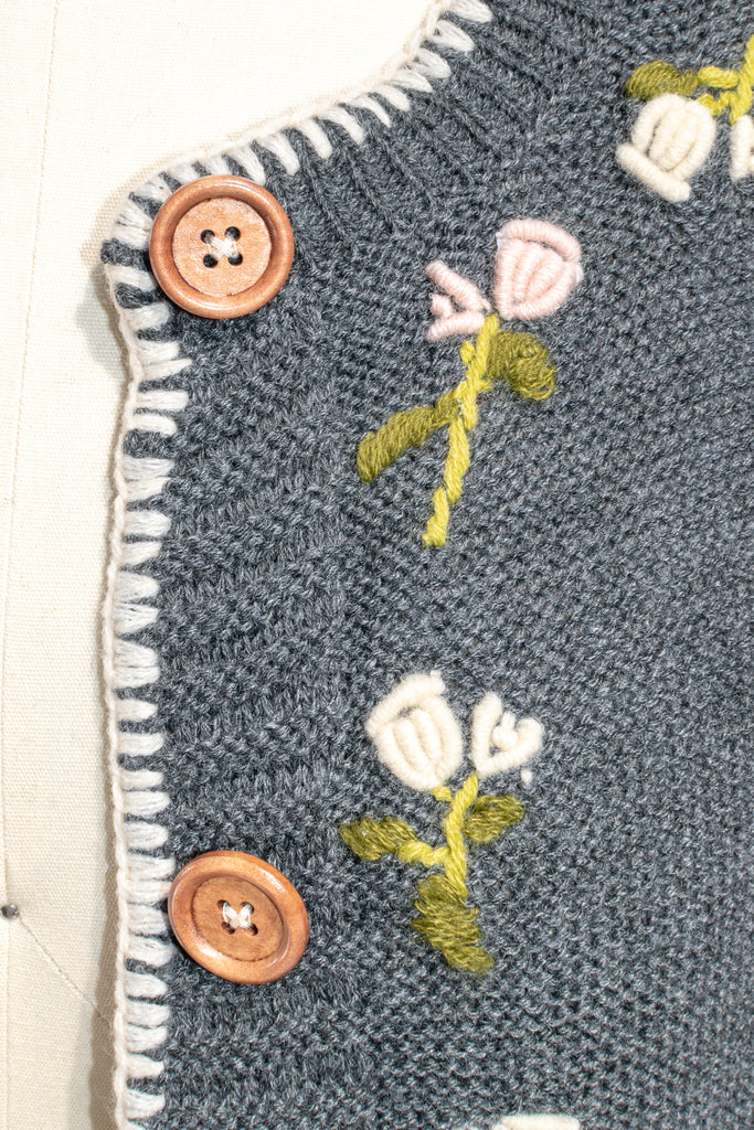 Close-up of delicate pastel floral embroidery on the Matilda cardigan