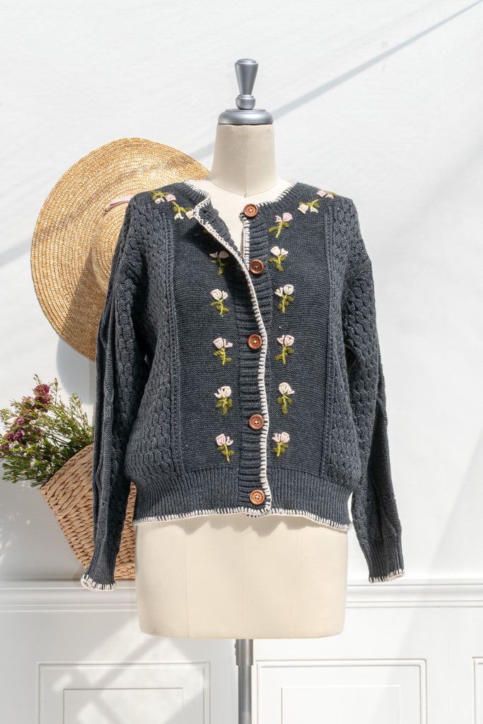 Amantine Matilda floral embroidered cardigan in charcoal with white stitched edges — front view