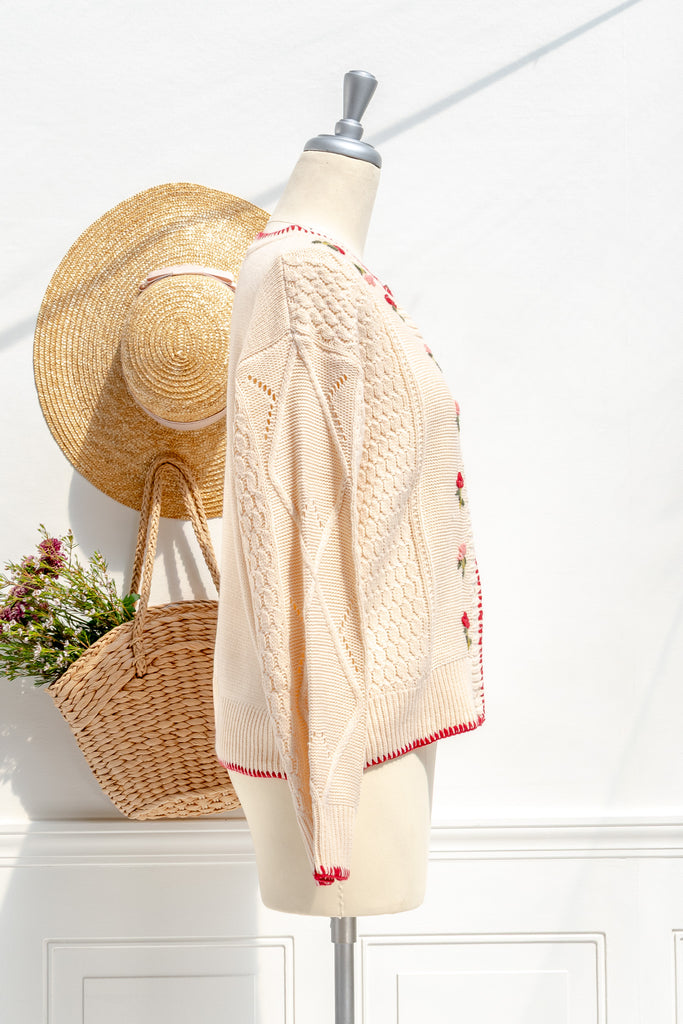 Matilda floral cardigan — side view with classic ribbed hem and sleeve