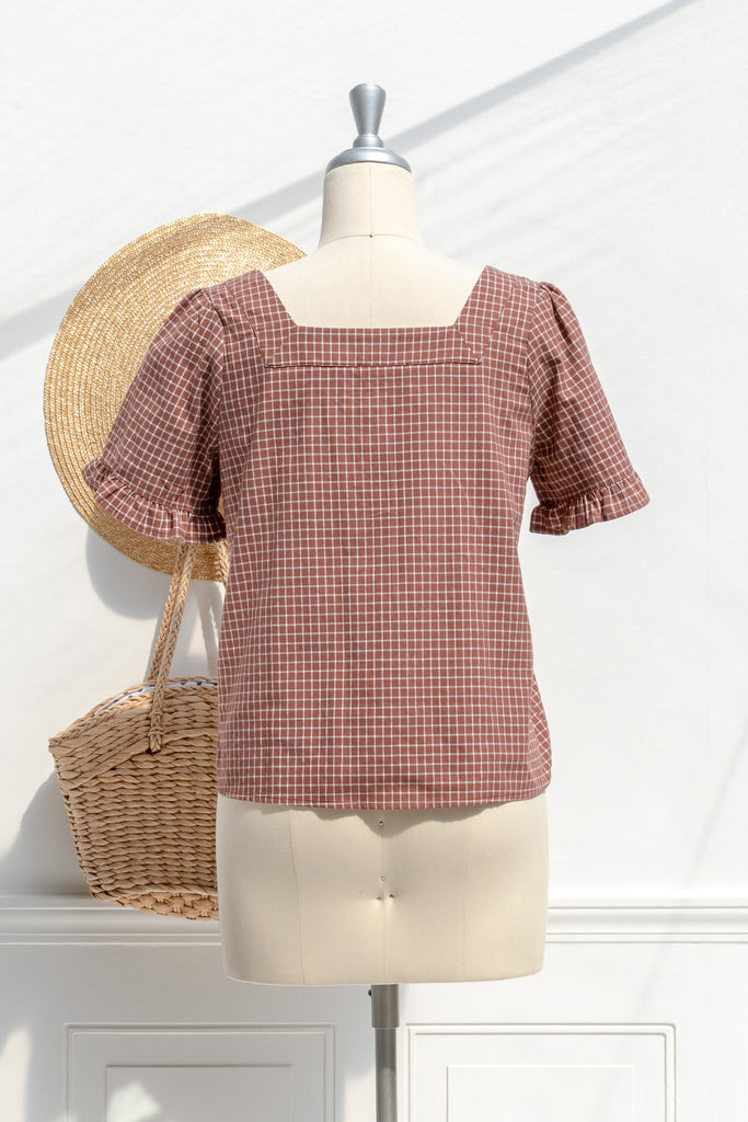 Mavis burnt umber blouse — back view with gentle gathering and clean yoke