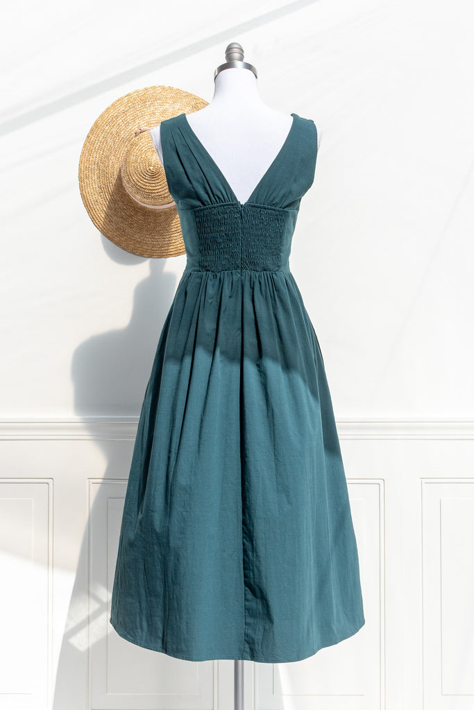 Nora turquoise midi dress — back view with smocked elastic panel for comfortable fit