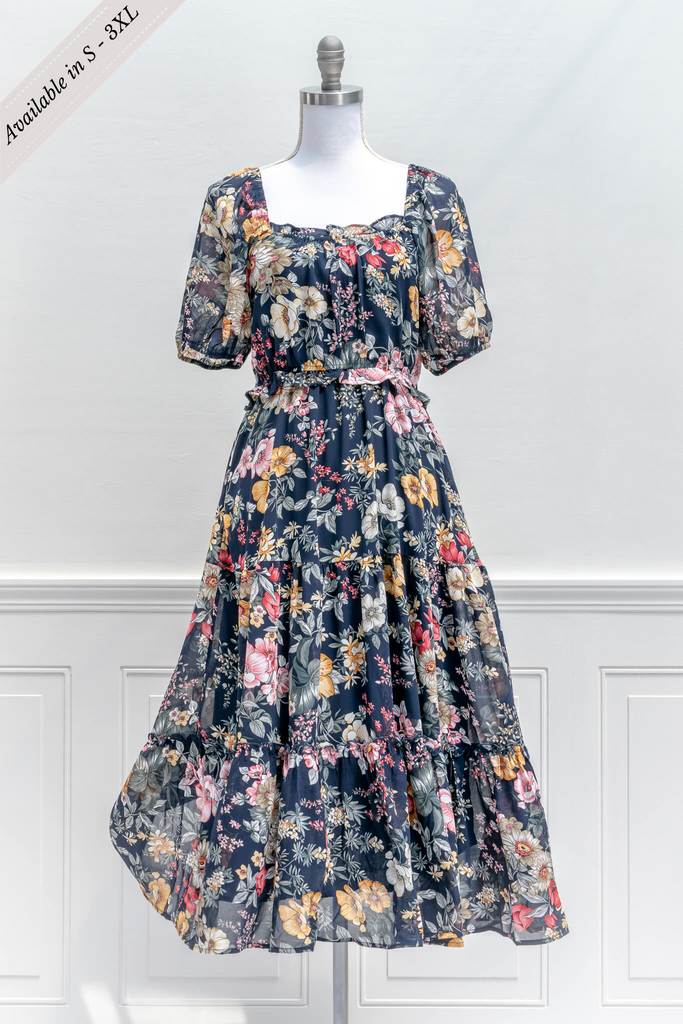 cottagecore dresses - a blue floral square neckline modest dress- amantine front view 