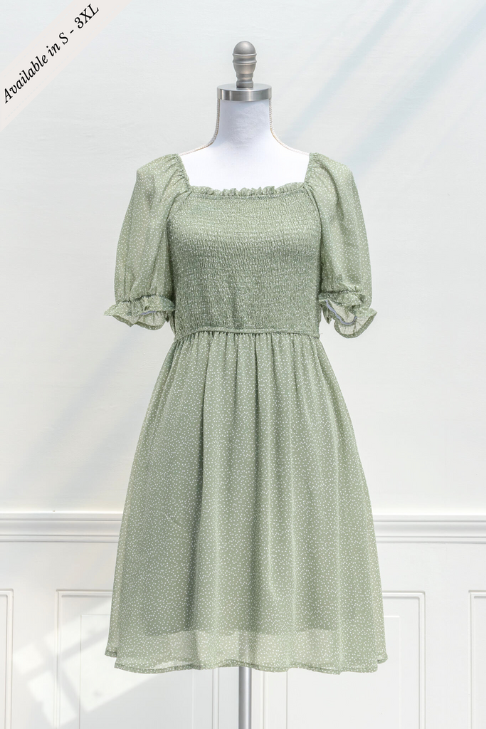 cottage core dresses in french and vintage style - this is a mini dress with a square neckline, chiffon fabric, and sage small heart print - amantine - front view - 