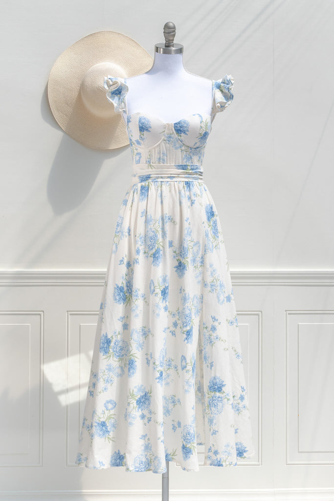 cottagecore dress in blue floral pattern. front view. 