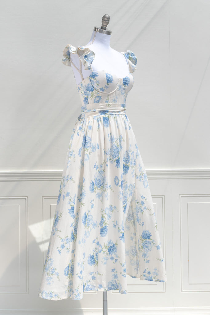 cottagecore dress in blue floral pattern. quarter side view. 