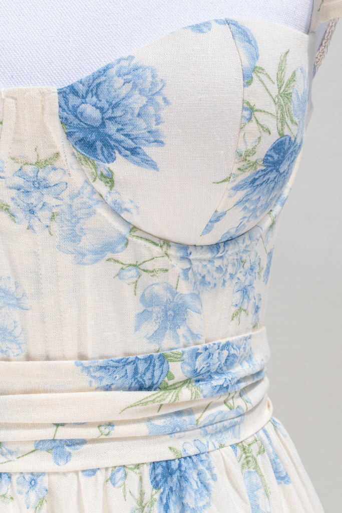 cottagecore dress in blue floral pattern. up close linen fabric view. 