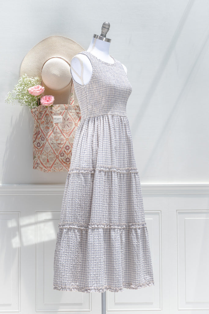 french romantic style dresses - blue gingham dress for summer. side view. 