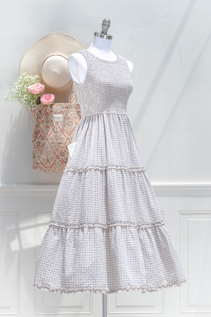 french romantic style dresses - blue gingham dress for summer. 3/4 side view. 
