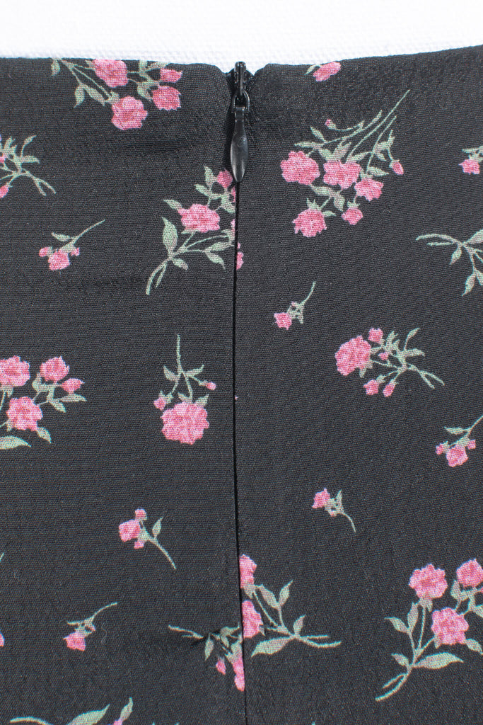 short skirts - a beautiful pink floral on black short skirt. fabric up close view. amantine. 