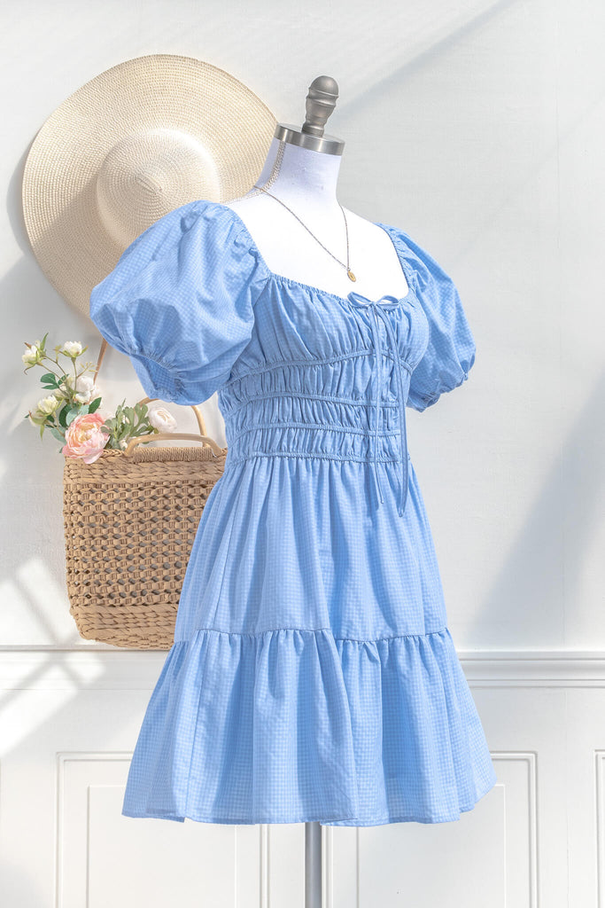 cottage core dress - a blue mini puff sleeve dress - quarter side view - amantine. 