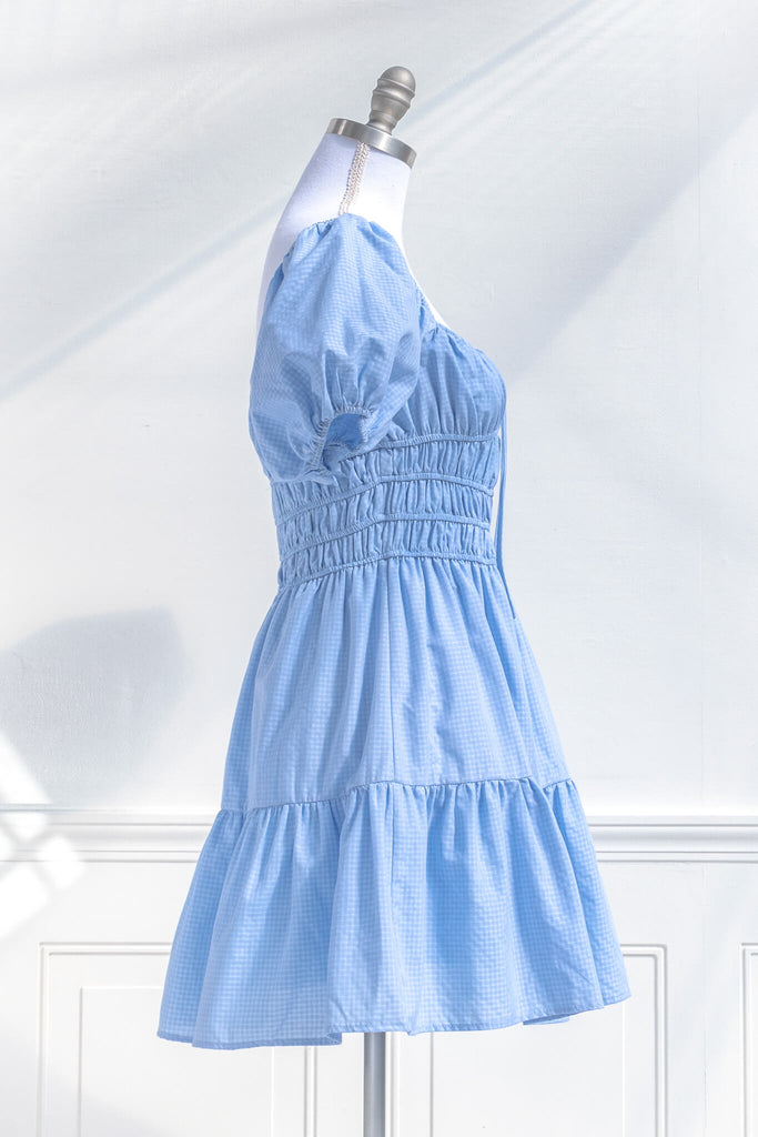 cottage core dress - a blue mini puff sleeve dress - side view - amantine. 
