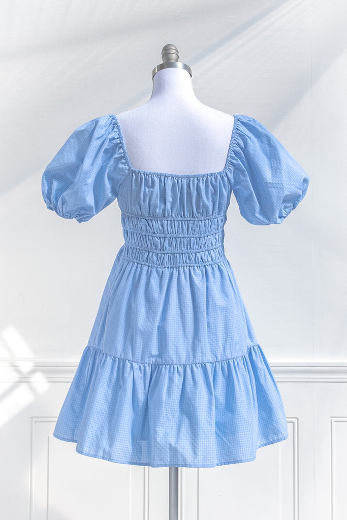 cottage core dress - a blue mini puff sleeve dress - back view - amantine. 