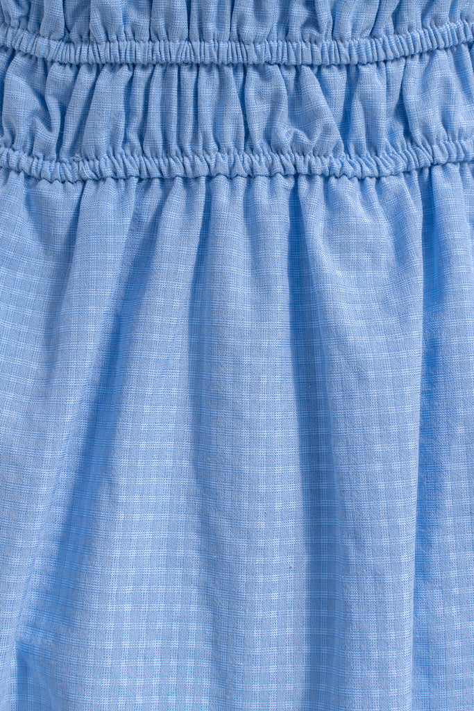 cottage core dress - a blue mini puff sleeve dress - fabric up close view - amantine. 