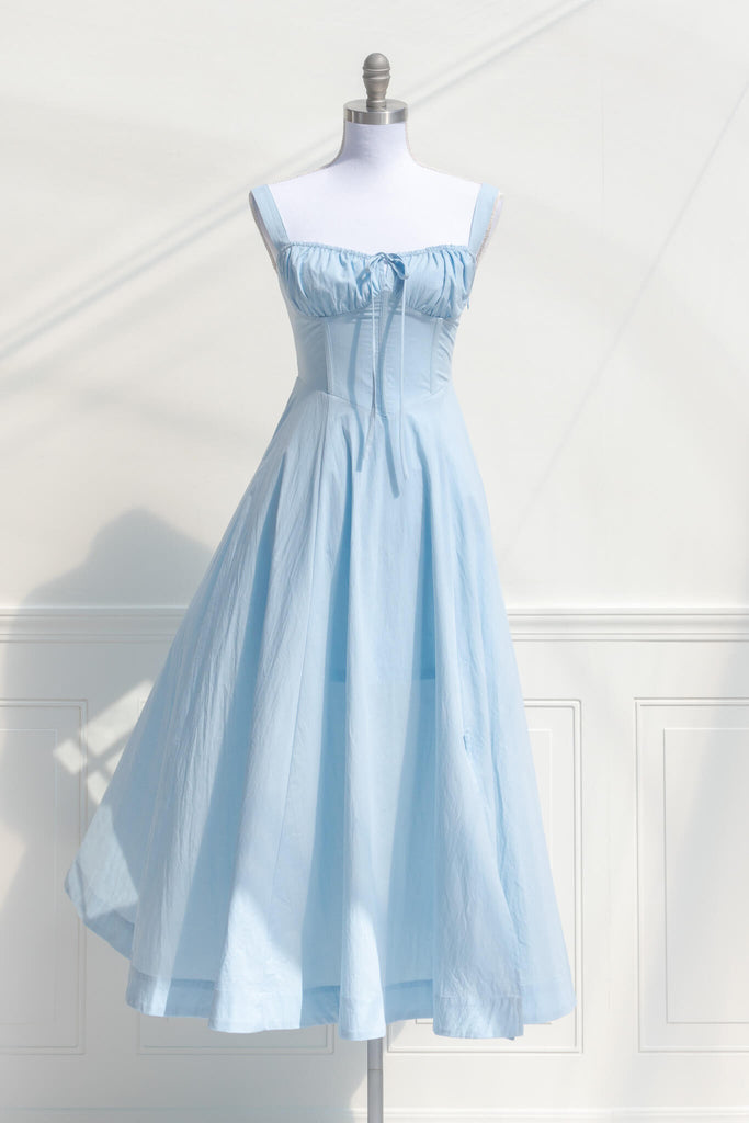 cottage core dresses - a cute long dress in blue cotton with a corset bustier and adjustable straps. View. Amantine Boutique. 