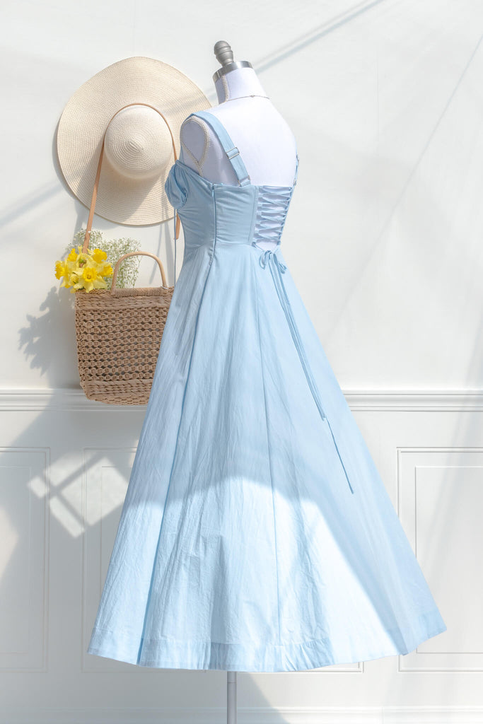 cottagecore style dress for spring, blue cotton fabric. 