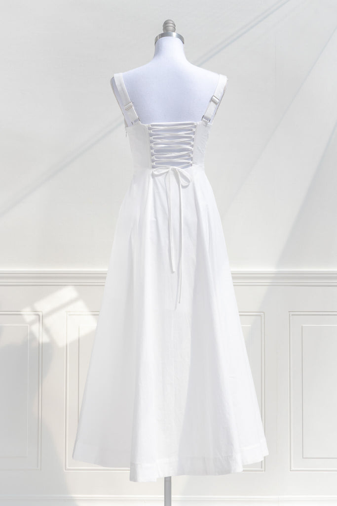cottagecore dress - a beautiful long white cotton dress for spring. back view. amantine boutique dresses. 