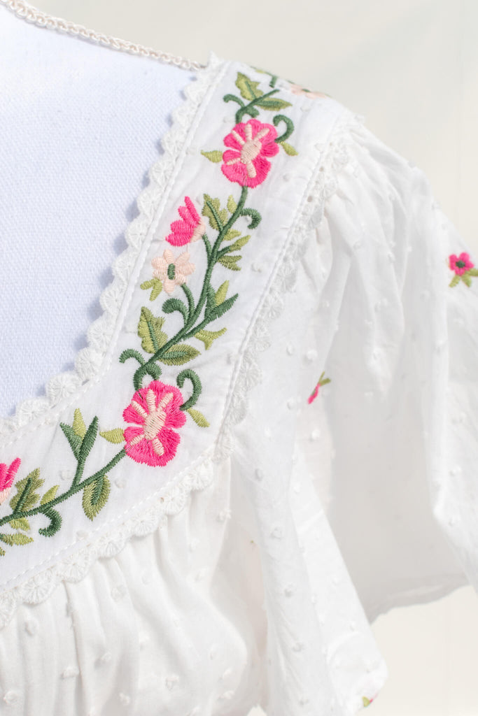 boutique dresses - a cotton dress in french style - long white dress. floral embroidery view. amantine.