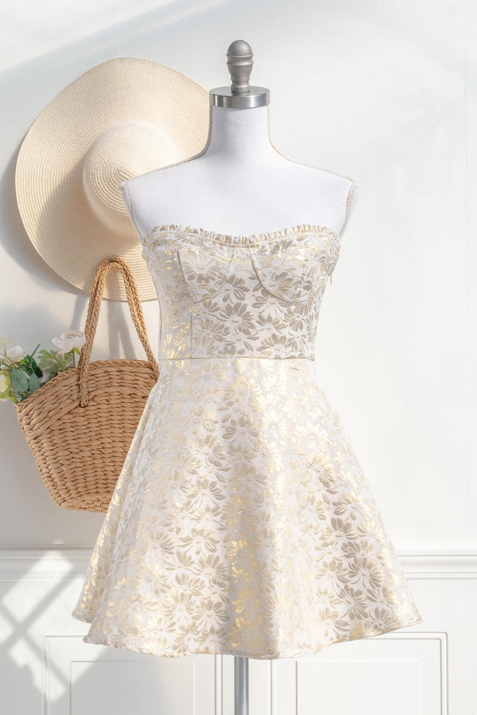french dress - a lwd in metallic jacquard floral pattern with a structured bustier. Feminine french girl style. amantine. 