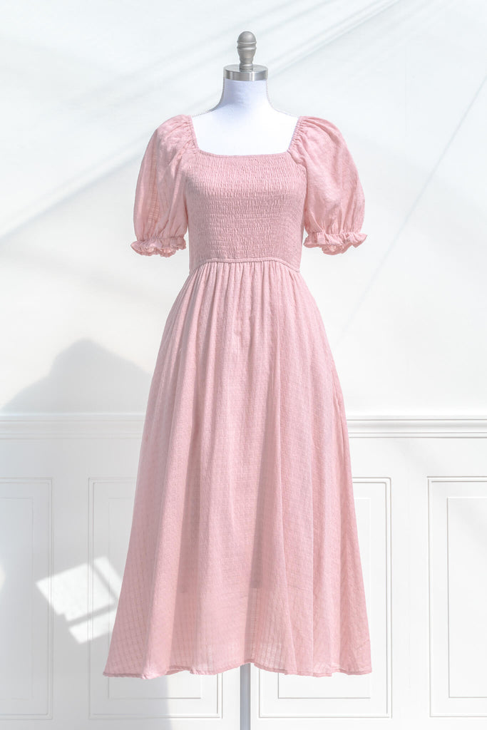 pink clothing, a lovely cottagecore style pink dress with puff sleeves, and lined a line skirt. front view - amantine. 