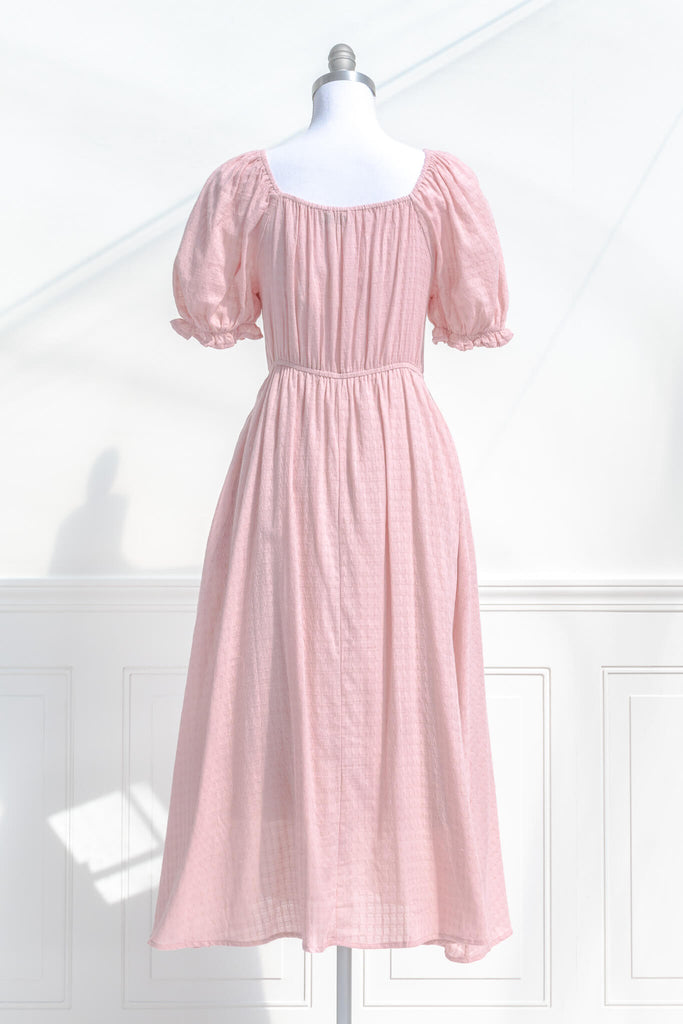 pink clothing, a lovely cottagecore style pink dress with puff sleeves, and lined a line skirt. back view - amantine. 
