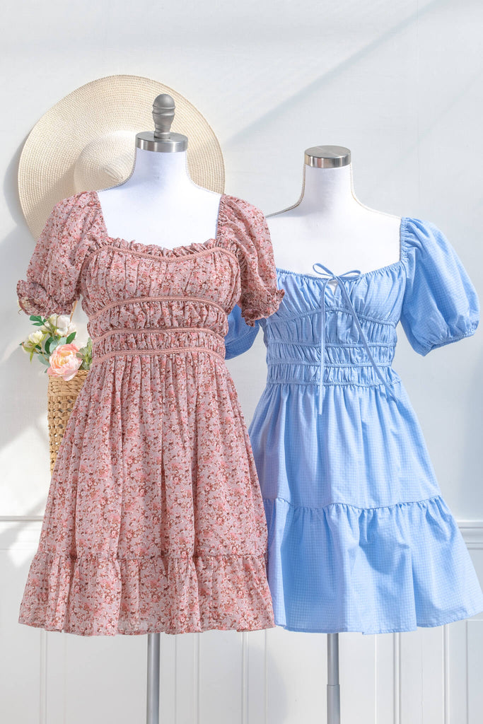 two cottage core dresses styled in a vintage way. feminine and romantic. 