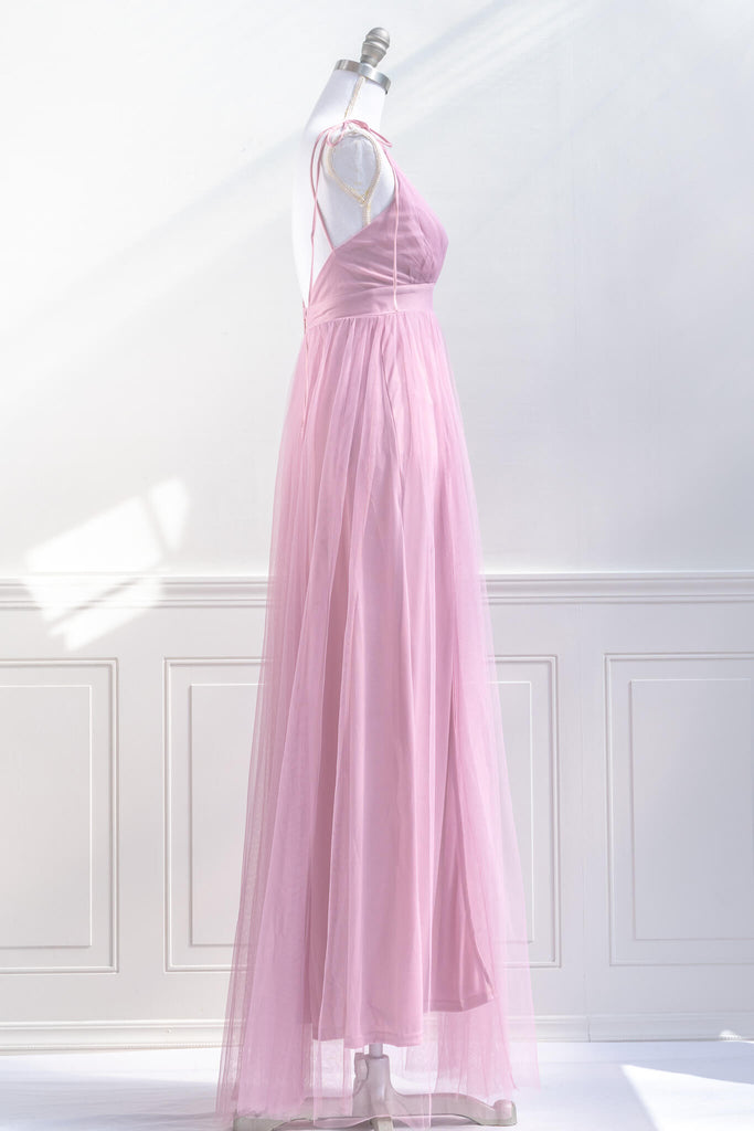 pink dress - a feminine and french style long tulle dress in pink. side view. amantine. 