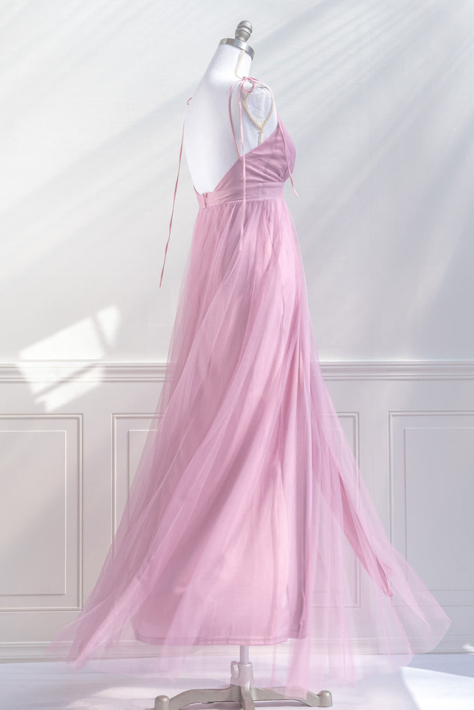 pink dress - a feminine and french style long tulle dress in pink. quarter side view. amantine. 