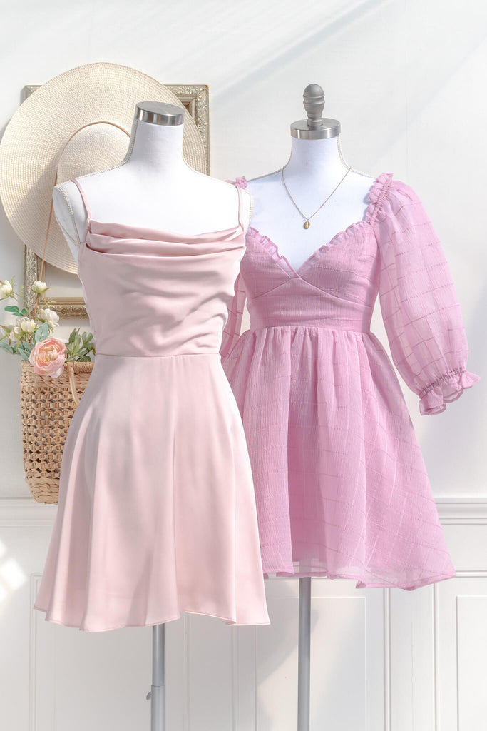 pink dresses - two feminine style pink dresses styled in a cottage core and romantic manner. 
