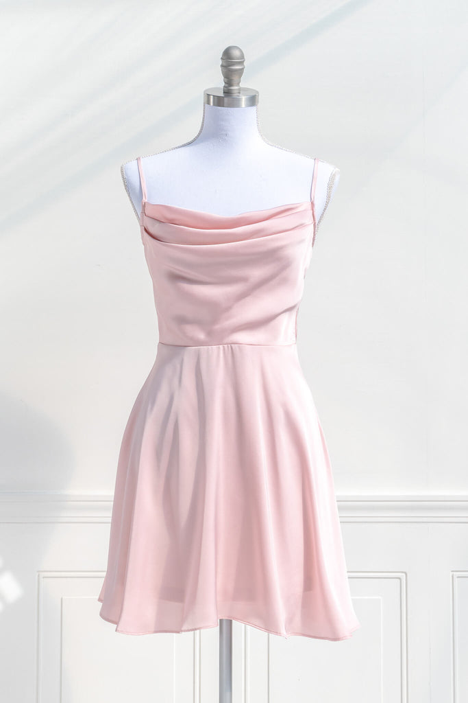 pink clothes - a pink mini dress with a cowl neckline and spaghetti straps. pink dress. front view - amantine. 