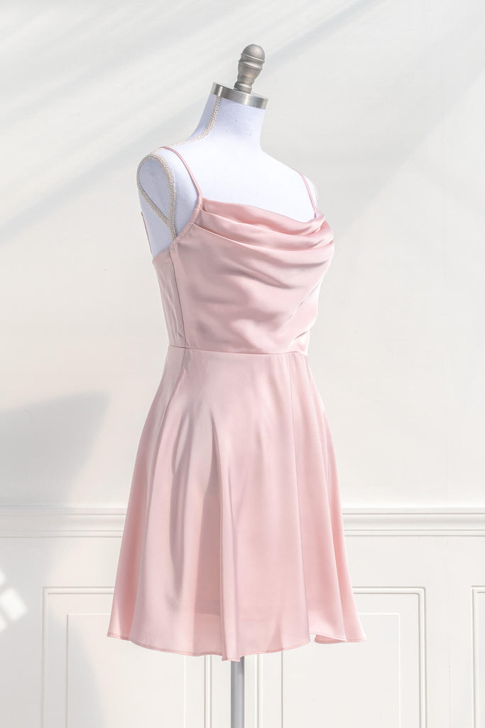 pink clothes - a pink mini dress with a cowl neckline and spaghetti straps. pink dress. quarter side view - amantine. 