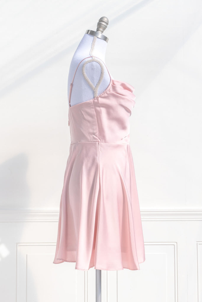 pink clothes - a pink mini dress with a cowl neckline and spaghetti straps. pink dress. side view - amantine. 