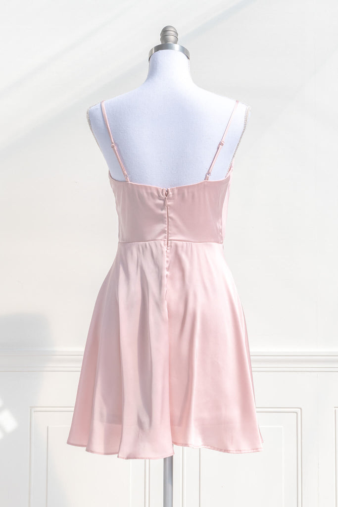 pink clothes - a pink mini dress with a cowl neckline and spaghetti straps. pink dress. back view - amantine. 