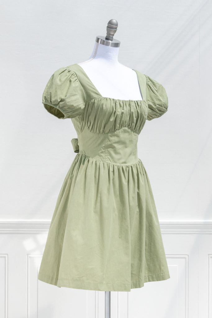 cottagecore dress - a beautiful puff sleeve, mini dress with a square neckline. quarter view. amantine.